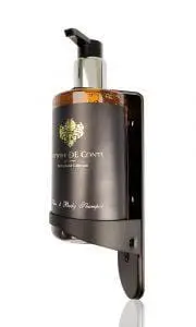 Nachfüllbarer Hotelkosmetik-Spender mit schwarzem Design für edle Badezimmer.