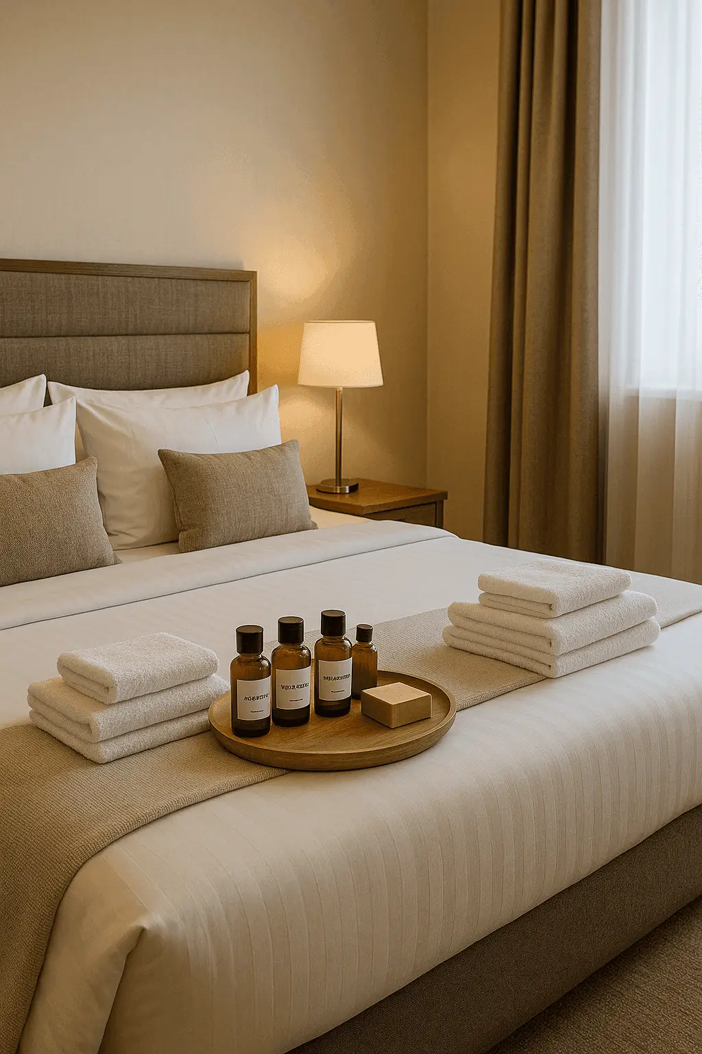 Hochwertige Hotelausstattung mit Handtüchern und Hotelkosmetik im stilvoll eingerichteten Gästezimmer