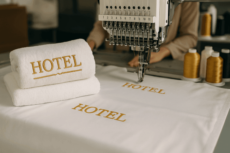 Individuelle Stickerei auf Hotelhandtüchern und Bettwäsche mit hochwertiger Maschinenstickerei
