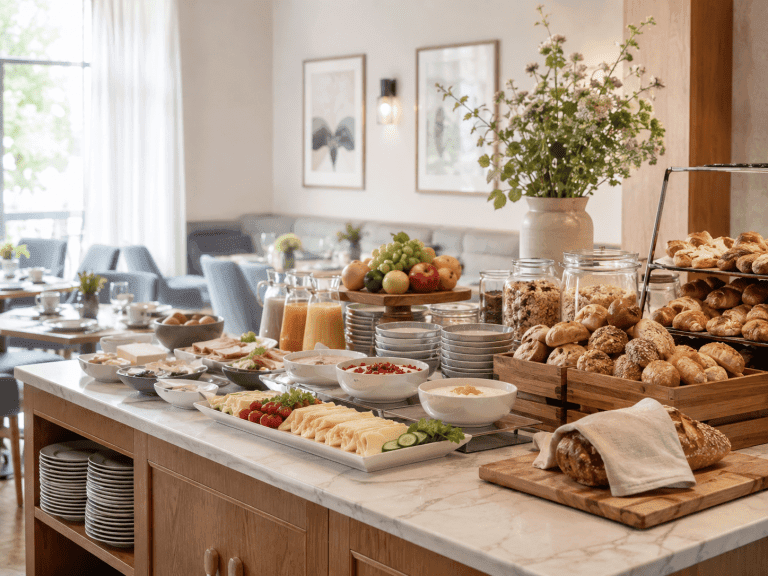 Frühstücksbuffet in einem kleinen Hotel mit abwechslungsreicher Auswahl und bedarfsgerechter Präsentation