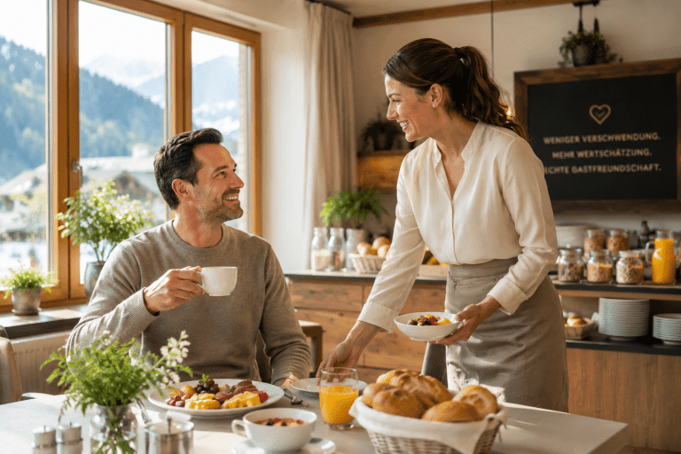 Gast beim Frühstück in einem kleinen Hotel mit persönlichem Service und hochwertigem Frühstücksangebot