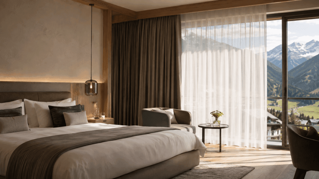 Modernes Hotelzimmer mit großen Fenstern, Store und Dimout-Vorhängen für Hitzeschutz und thermischen Komfort