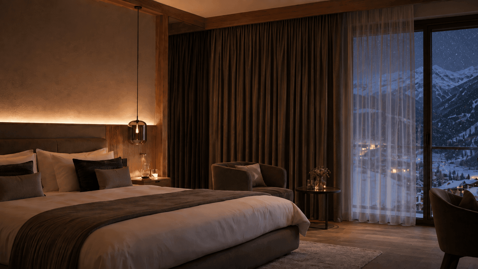 Gemütliches Hotelzimmer im Winter mit geschlossenen Vorhängen für Verdunkelung und thermischen Komfort