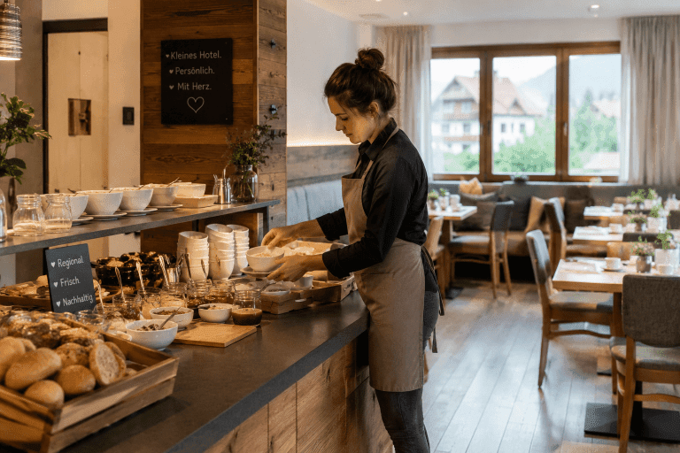 Mitarbeiterin in einem kleinen Hotel beim Vorbereiten eines Frühstücksbuffets