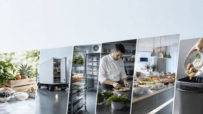 Darstellung des Weges von Lebensmitteln über Transport, Kühlung, Vorbereitung und Frühstücksbuffet bis zum Lebensmittelabfall
