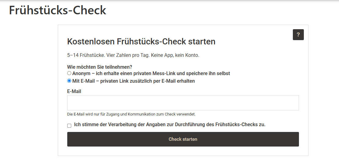 Start des Aureo Frühstücks-Checks mit Auswahl zwischen anonymer Teilnahme und Teilnahme per E-Mail